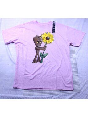 NWT Marvel Groot & Flower Embroidered Graphic Adult T-Shirt Light Pink Size Med
